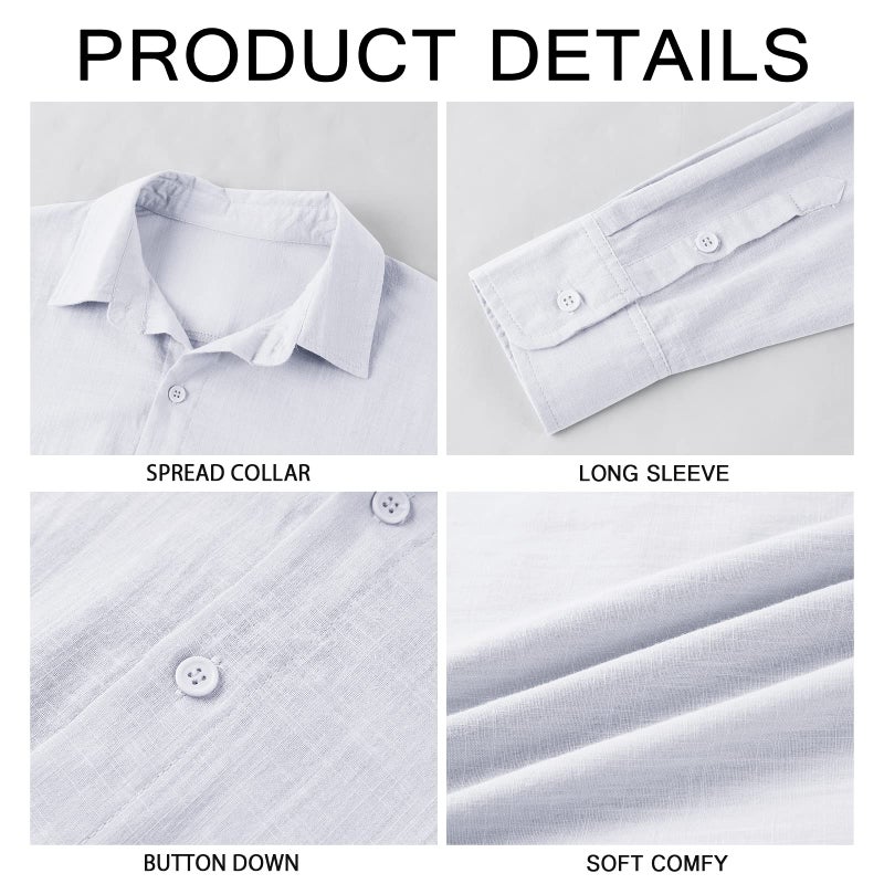 Runcati Mens Button Down Shirt Linen Cotton Shirts Casual Long Sleeve Spread Collar Lightweight Beach Plain Tops 01 White - Image 5